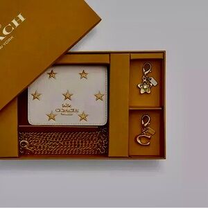 NIB Coach Boxed Set: Mini Wallet, Crossbody Chain, 3 Charms, Parchment/Gold